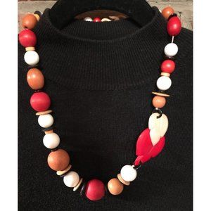 Vintage Red White Wooden Large Bead Necklace Leaf Shape 24"